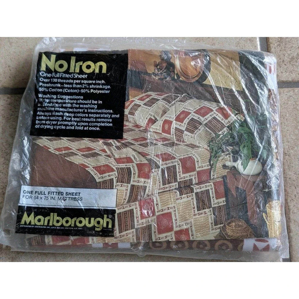 Vintage Marlborough No Iron Full Fitted Sheet 54 x 75 Tribal African Geometric